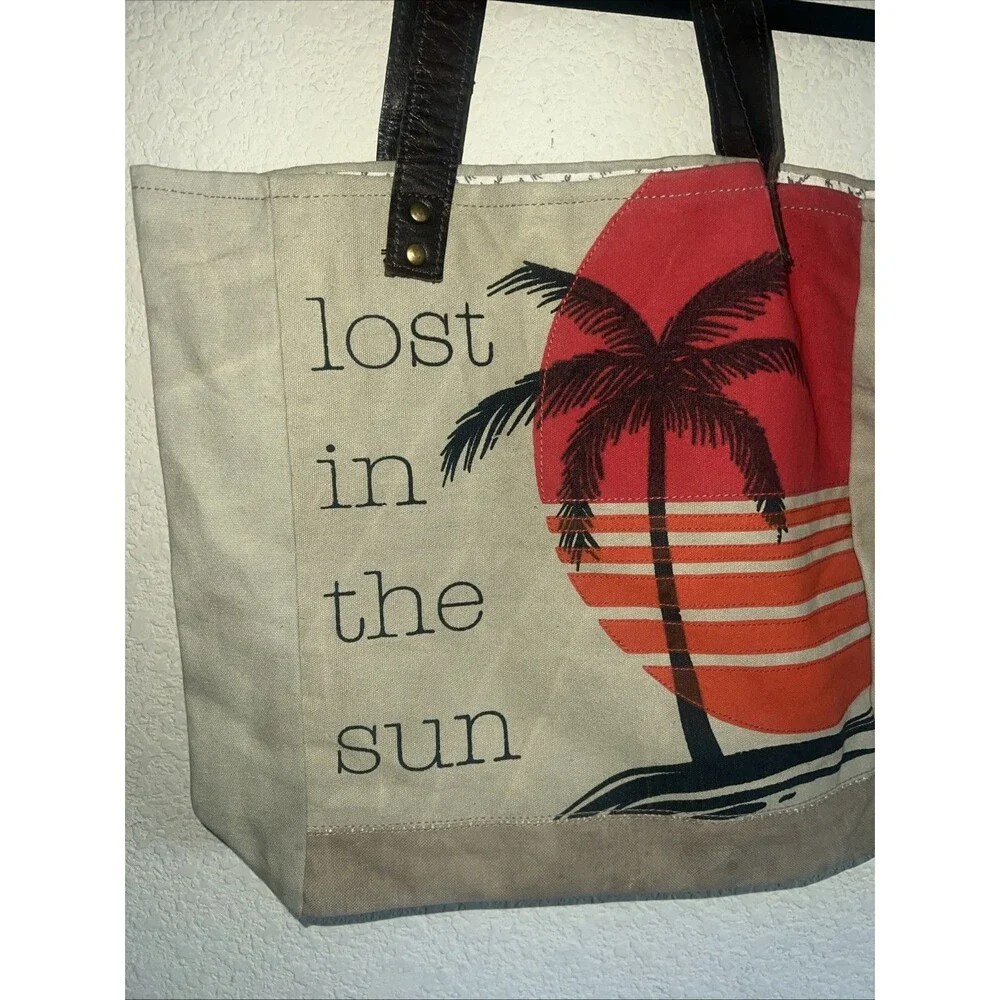 Mona B Distressed Shoulder Bag Tropical Leather Straps 16x13 Fun In Sun Beach